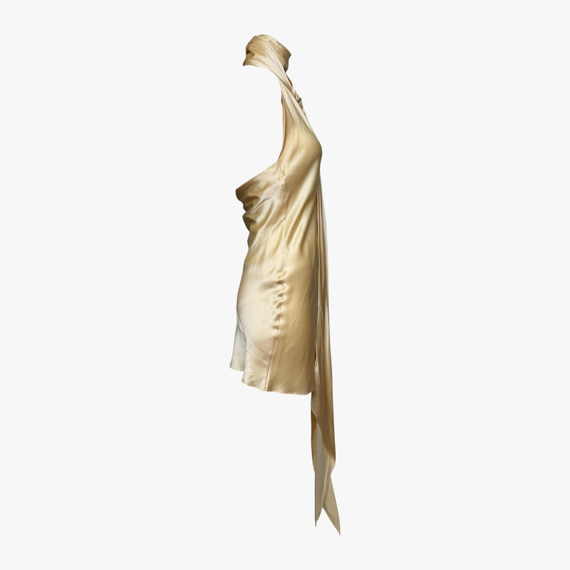 Champagne-gold silk satin halter mini dress by Dolce & Gabbana, detail of twisted neckline
