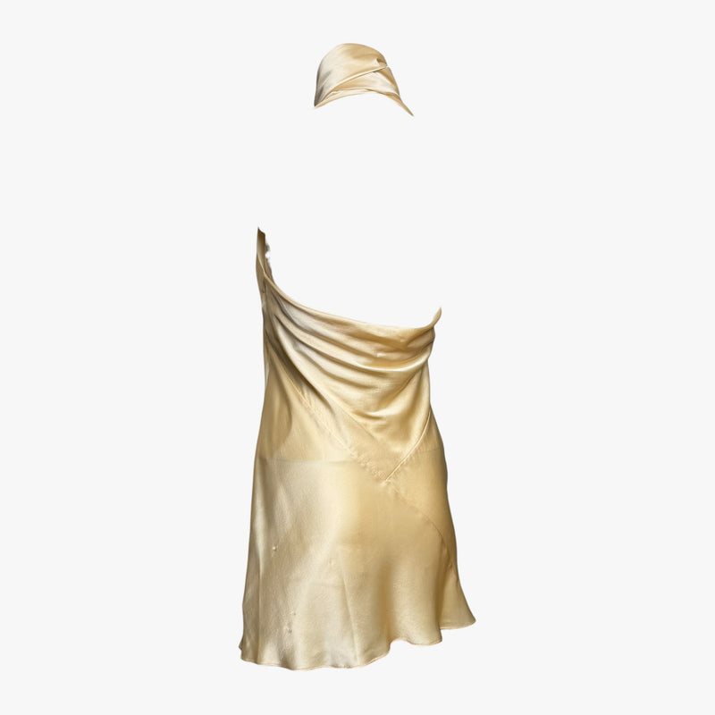 Champagne-gold silk satin halter mini dress by Dolce & Gabbana, close-up of bodice construction