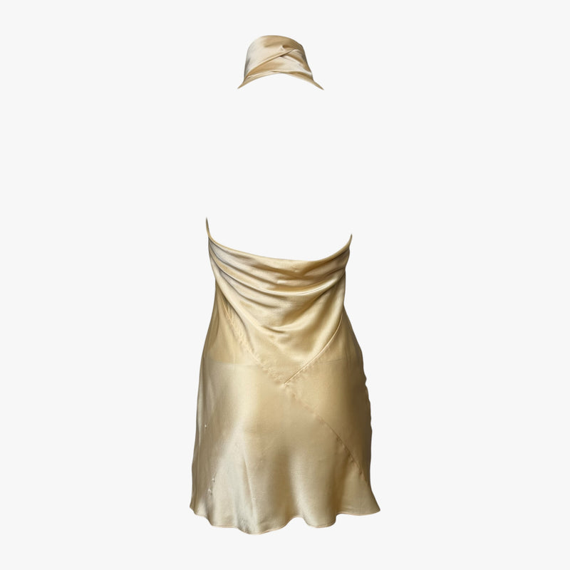 Champagne-gold silk satin halter mini dress by Dolce & Gabbana, front view with halter ties