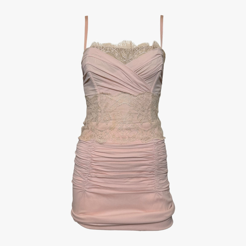 Dusty rose silk mini dress by Dolce & Gabbana, ruched bodice with lace panels and spaghetti straps