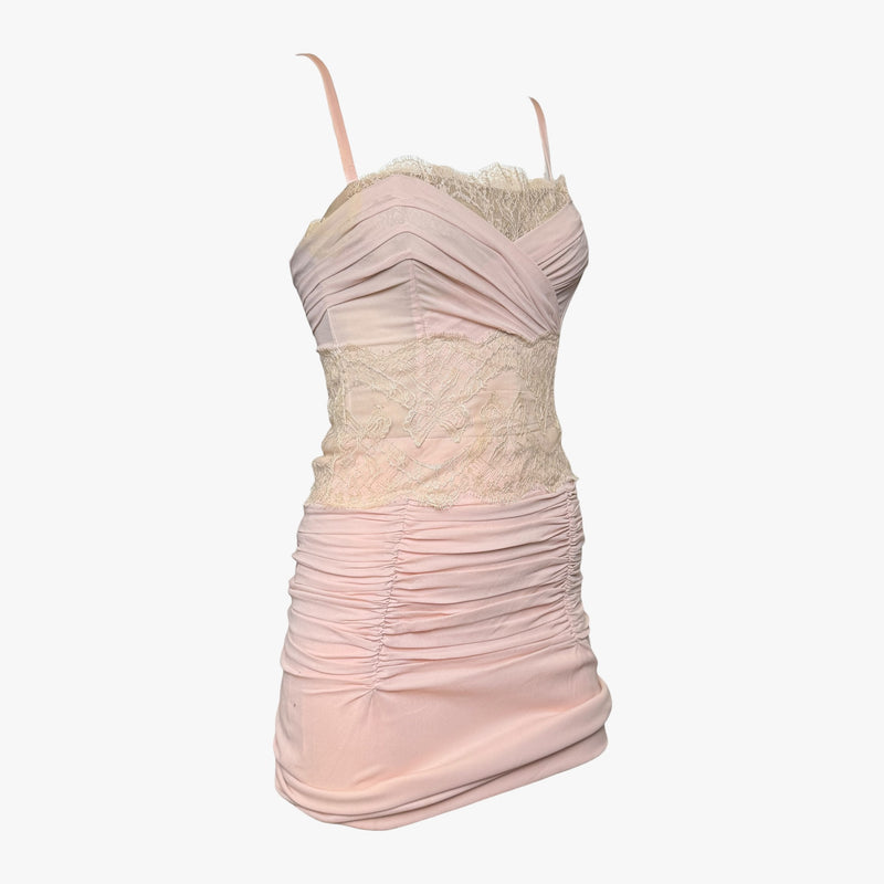 Dolce & Gabbana S/S 2004 dress, side view showing ruched silk skirt and fitted silhouette