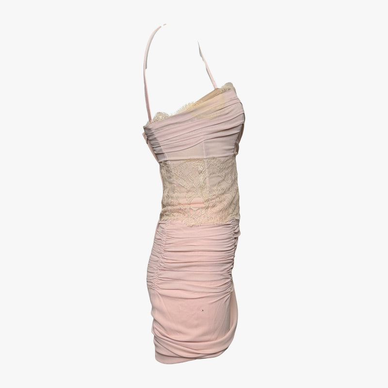 Back view of dusty rose silk dress by Dolce & Gabbana with adjustable straps and ruched detailing