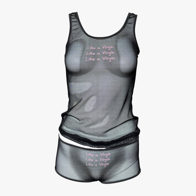 Black mesh tank top by Dolce & Gabbana with pink 'Like a Virgin' embroidery, scoop neckline