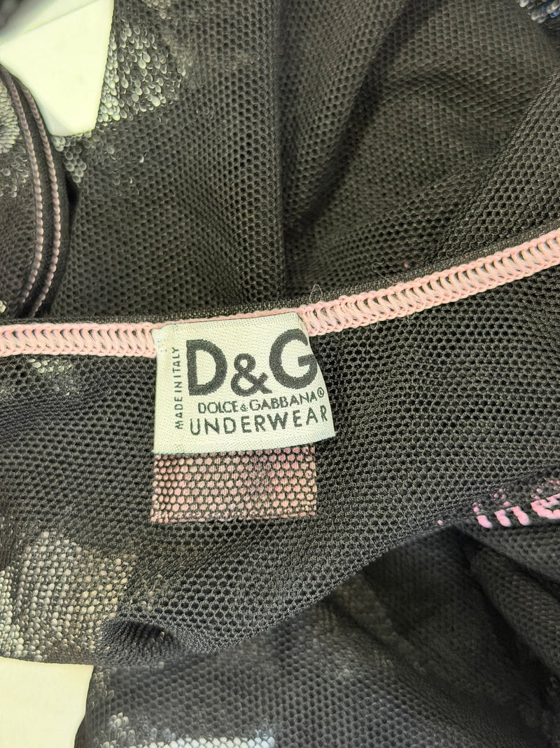 Pink and white D&G Underwear label on black mesh set from 2000s