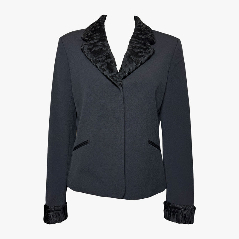 Charcoal grey silk blazer by Fendi with black astrakhan trim at lapels and cuffs, front view