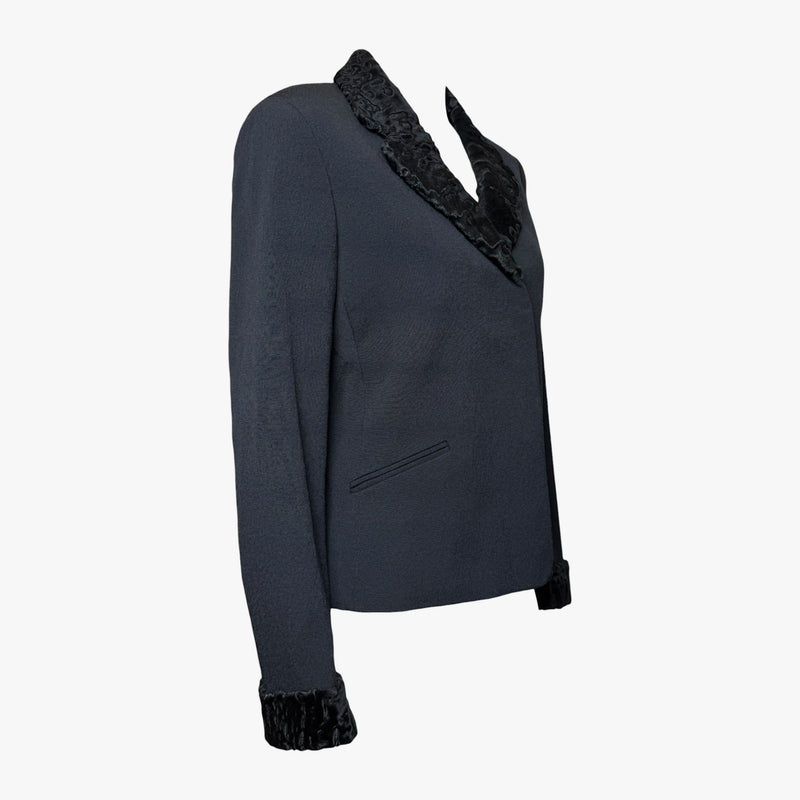 Fendi silk blazer with astrakhan fur trim, close-up of lapel detail and single button closure