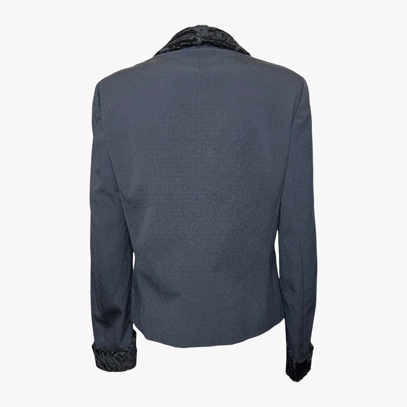 Fendi silk blazer with astrakhan trim, side view showing tailored silhouette and fitted waist