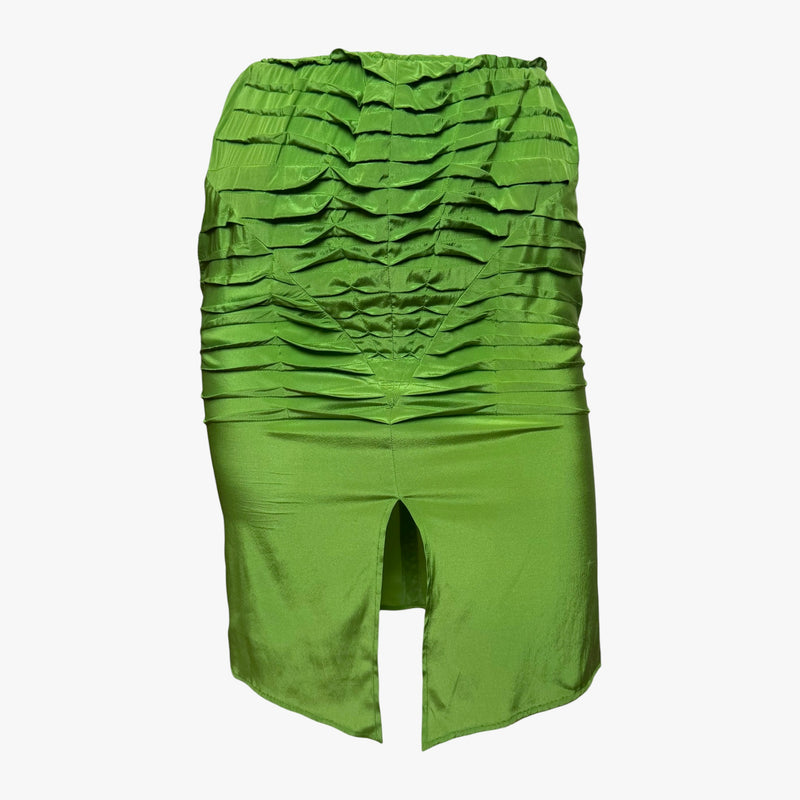 Lime green silk pencil skirt by Gucci, horizontal ruched pleating detail
