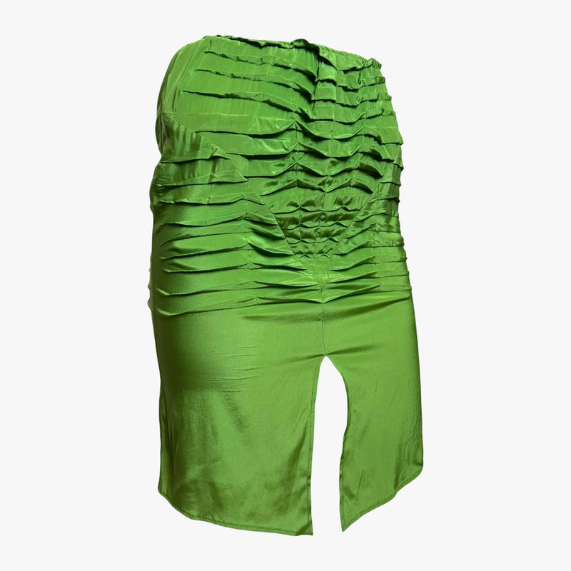 Lime green silk pencil skirt by Gucci, gathered ruching throughout