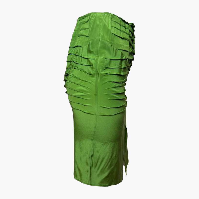 Lime green silk pencil skirt by Gucci, side view with dimensional texture