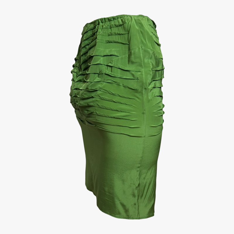 Lime green silk pencil skirt by Gucci, front slit detail