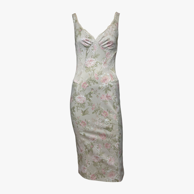 Pale sage silk slip dress by Dolce & Gabbana with pink roses, white chrysanthemums, and green hummingbirds, deep V-neckline
