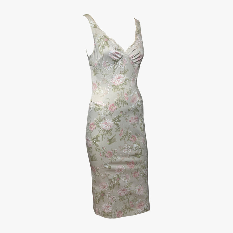 Side view of Dolce & Gabbana floral silk slip dress, showing body-skimming fit and gathered bust detail