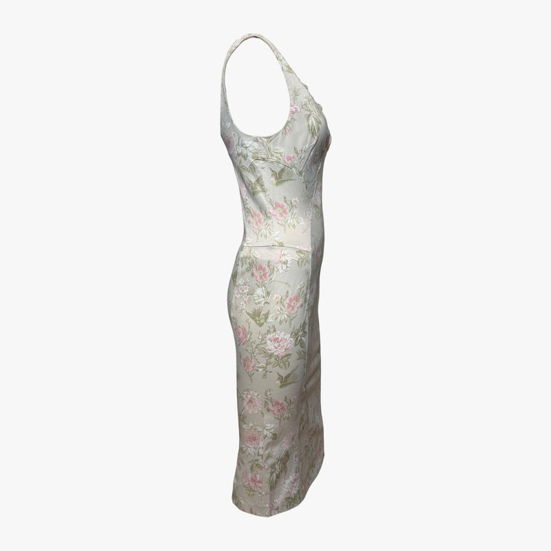 Back view of Dolce & Gabbana floral slip dress, displaying center back slit and invisible zipper closure