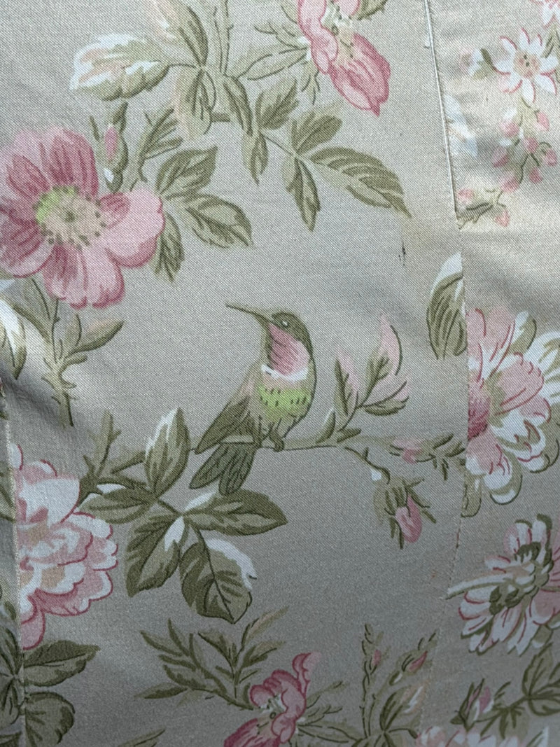 Full length view of Dolce & Gabbana early 2000s floral hummingbird silk slip dress on flat lay