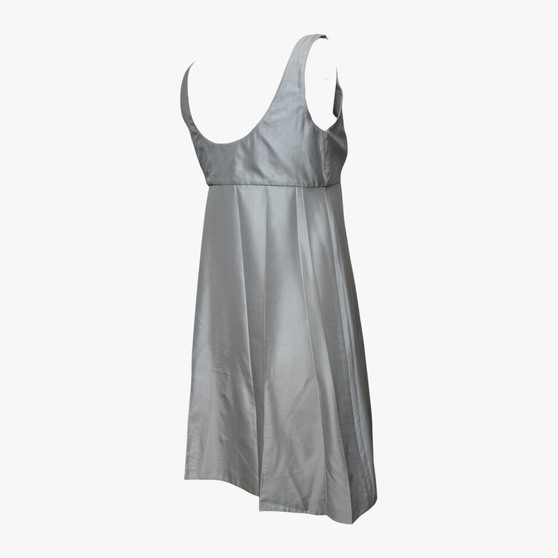 Pale grey silk empire waist dress by Prada, neckline detail showing tank straps