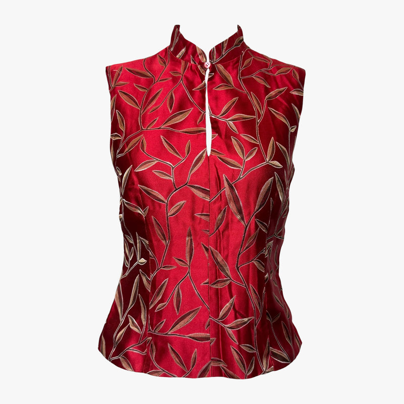 Deep red silk sleeveless top by Prada, botanical leaf embroidery detail