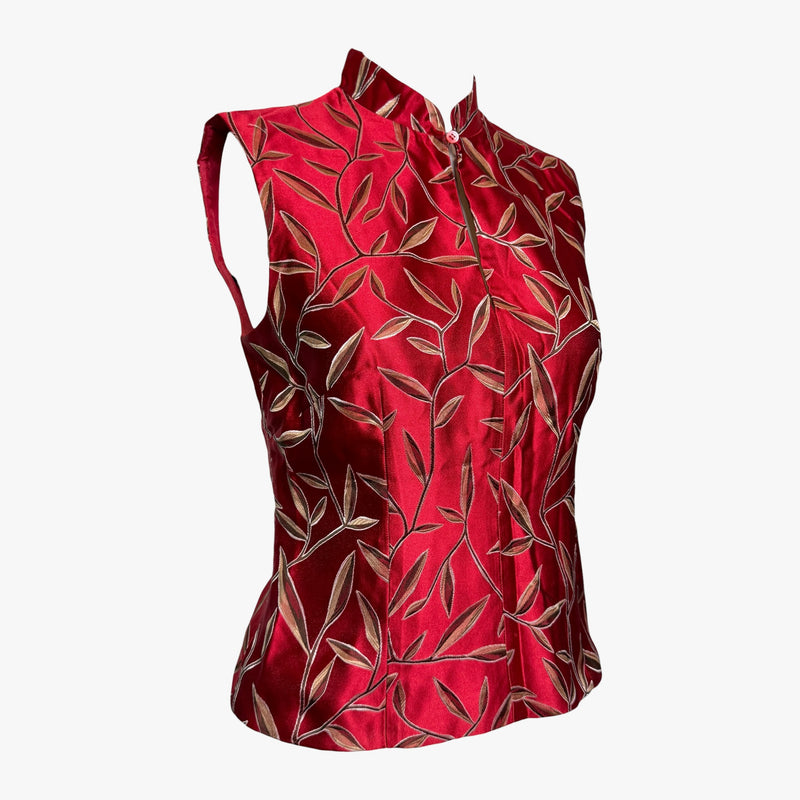 Deep red silk sleeveless top by Prada, cheongsam-inspired construction