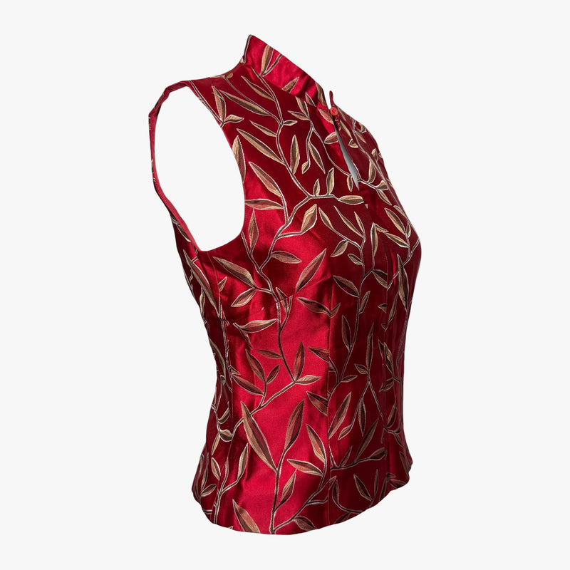 Deep red silk sleeveless top by Prada, front zipper closure detail