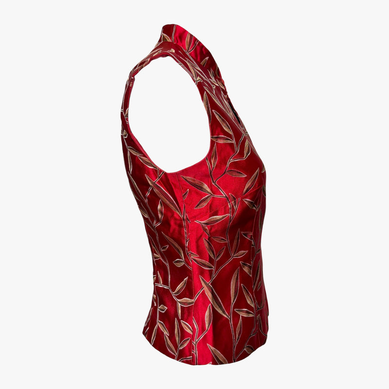 Deep red silk sleeveless top by Prada, gold and cream silk thread embroidery