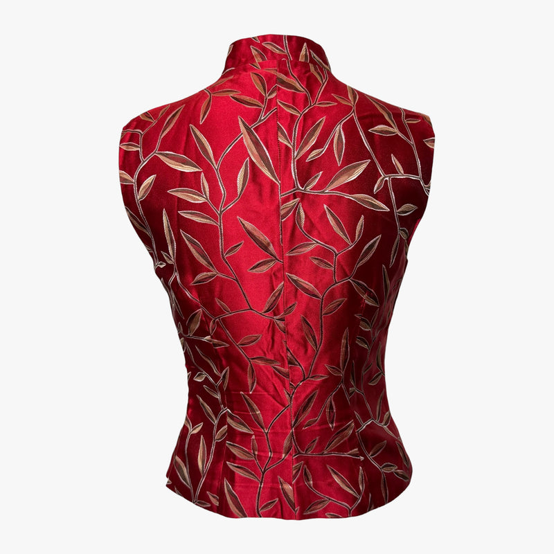 Deep red silk sleeveless top by Prada, fitted silhouette detail