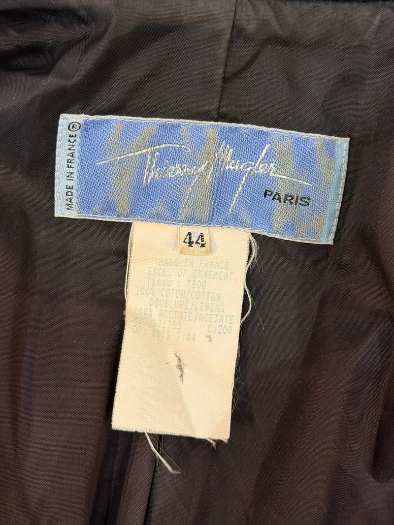 Navy velvet blazer by Thierry Mugler, sleeve and shoulder detail with structured construction