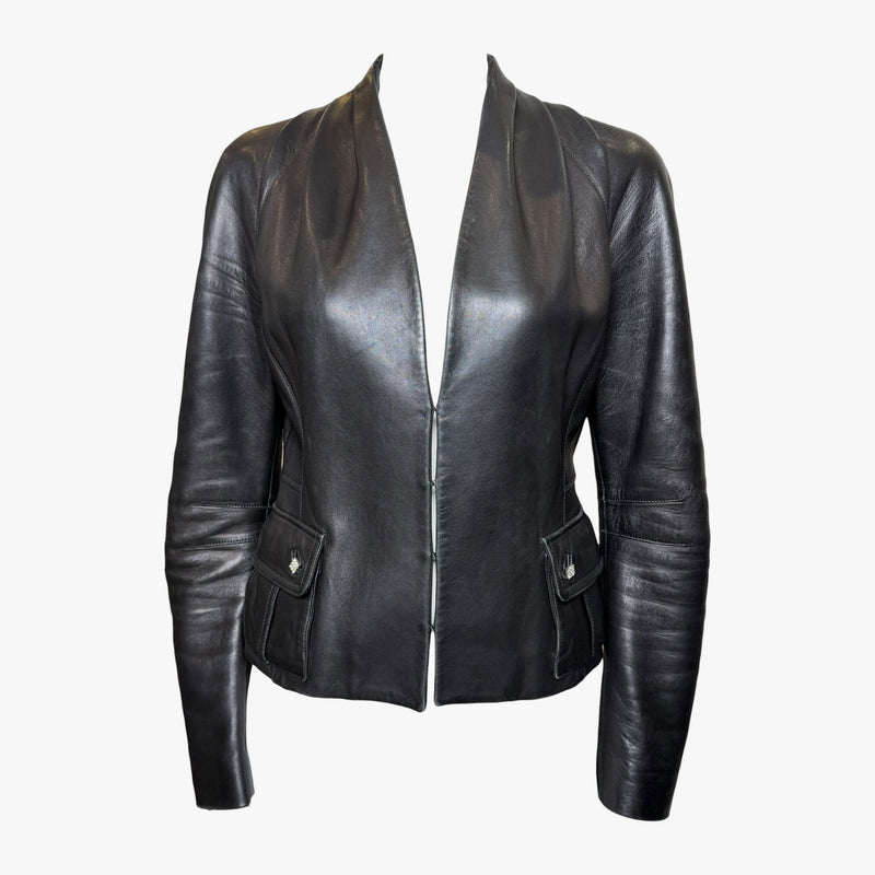 Black leather blazer by John Galliano, front view with shawl collar and crystal-detailed pocket hardware