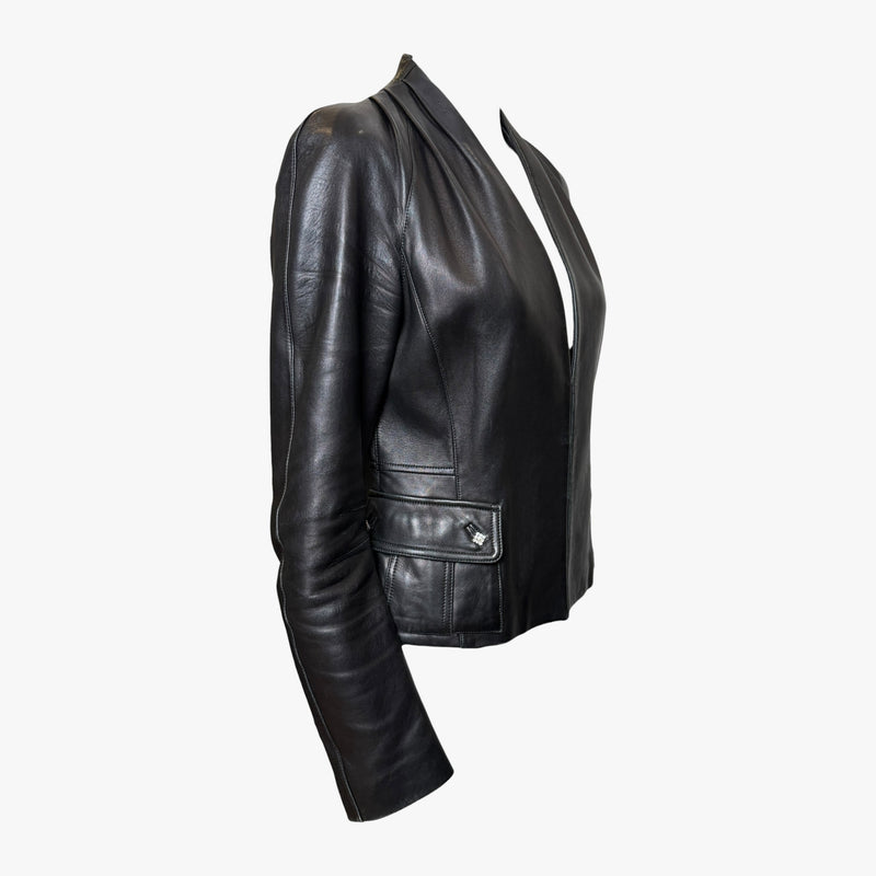John Galliano black leather blazer, front closure detail showing tailored construction and pocket flaps