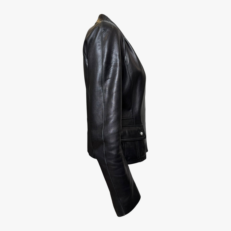 John Galliano leather blazer detail, crystal square hardware on front pocket accent