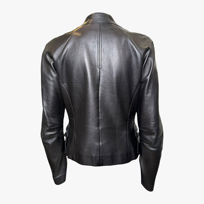 Black lambskin blazer by John Galliano, close-up of gold-toned crystal embellishment and topstitching