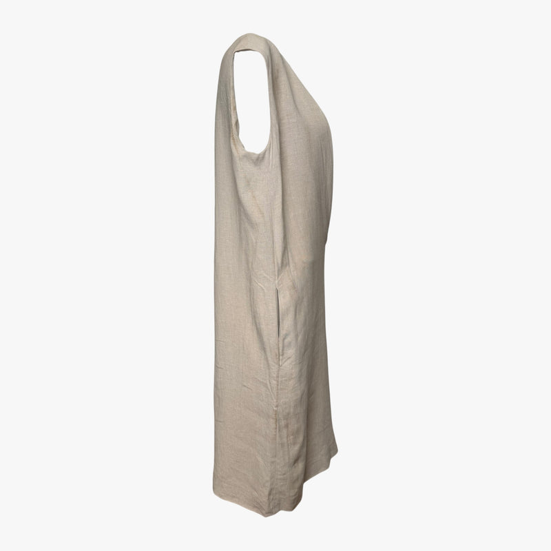 Beige linen dress by Margiela, side seam detail with raw finishing