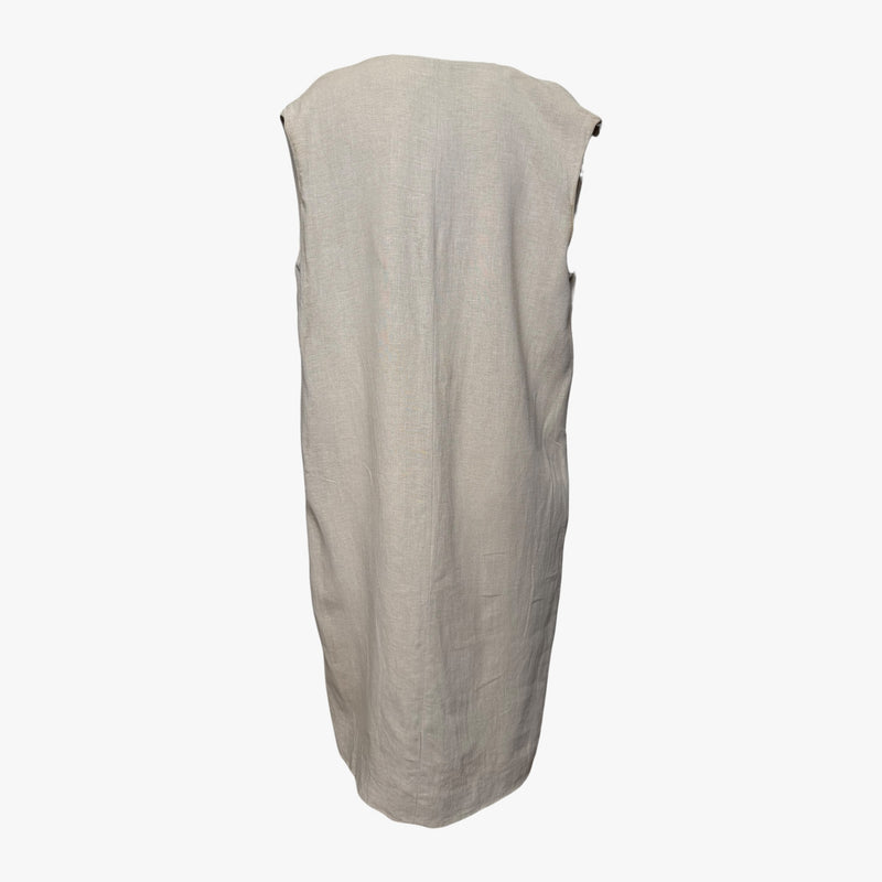 Natural linen V-neck dress, full length silhouette to mid-calf