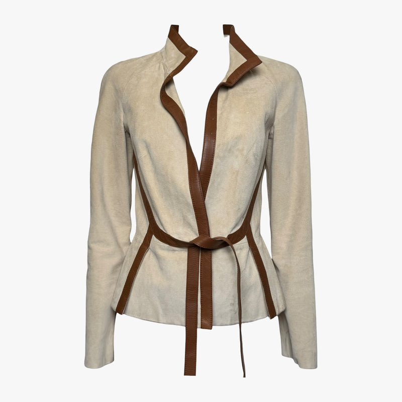 Beige suede wrap jacket by Valentino, brown leather trim detail on front
