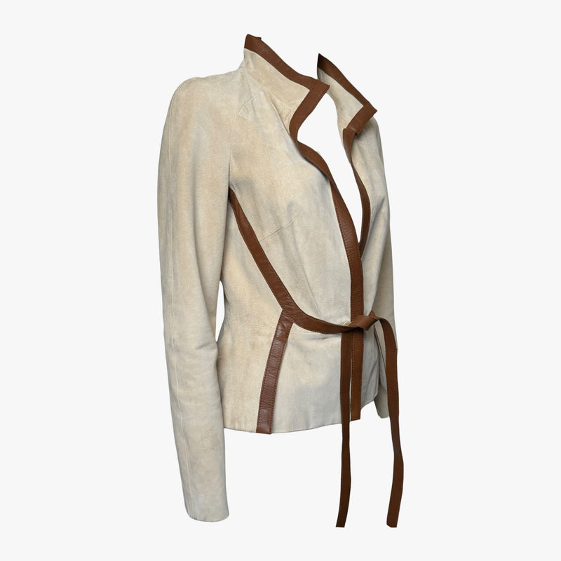 Beige suede wrap jacket by Valentino, back panel with center seam