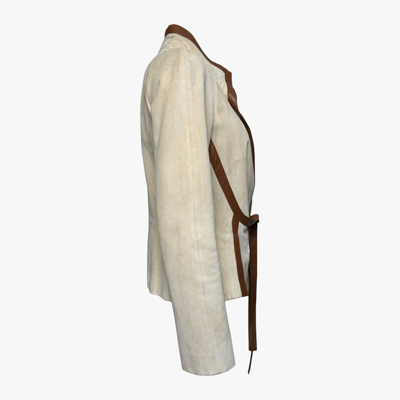 Beige suede wrap jacket by Valentino, adjustable leather tie belt detail