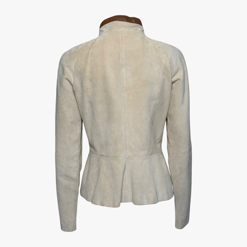 Beige suede wrap jacket by Valentino, collar and brown leather trim