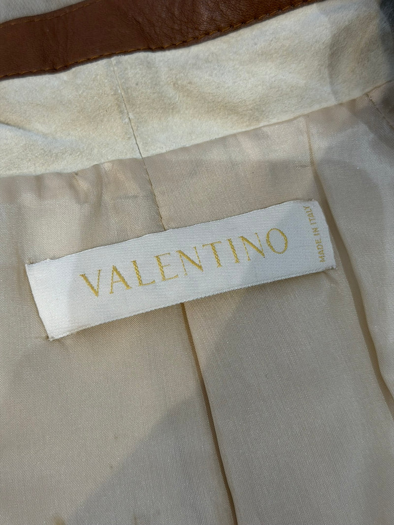 Beige suede wrap jacket by Valentino, full length view on model