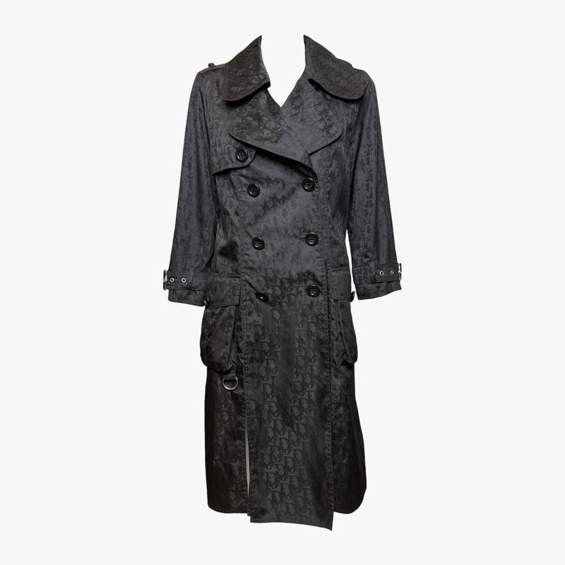 Black monogram jacquard trench coat by Christian Dior, double-breasted silhouette with notched lapels