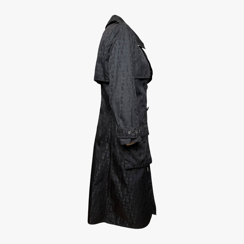 Black monogram jacquard trench coat by Christian Dior, back view of coat length and waist belt