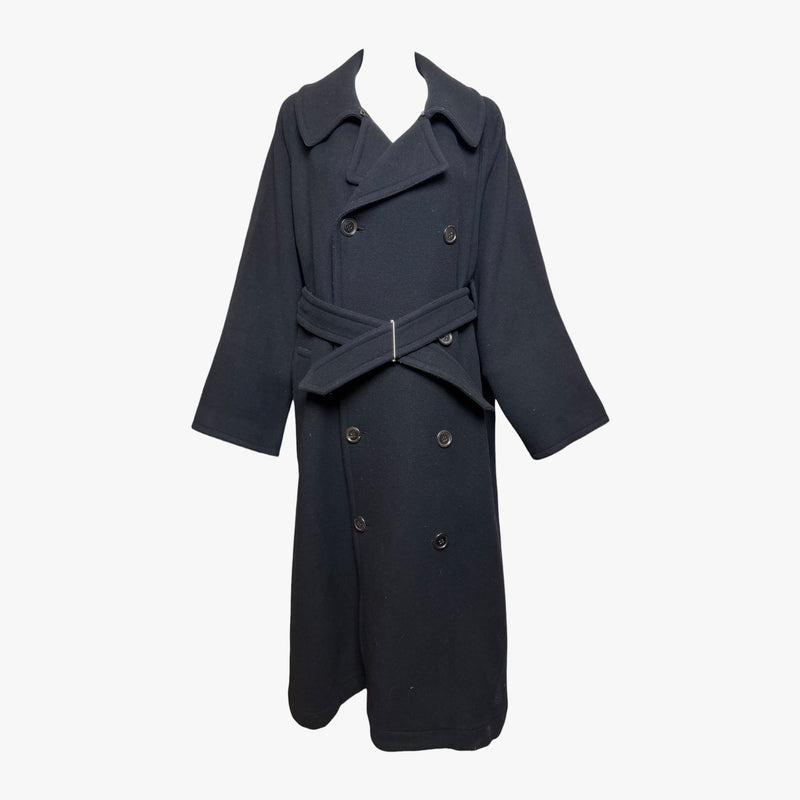 Charcoal grey wool double-breasted trench coat by Yohji Yamamoto, front view