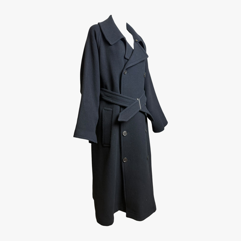 Charcoal grey trench coat by Yohji Yamamoto, side profile showing dropped shoulders