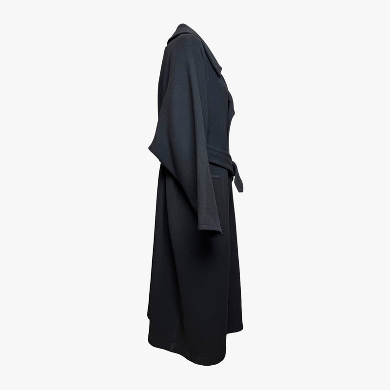 Yohji Yamamoto trench coat, back view with matching fabric belt and D-ring hardware
