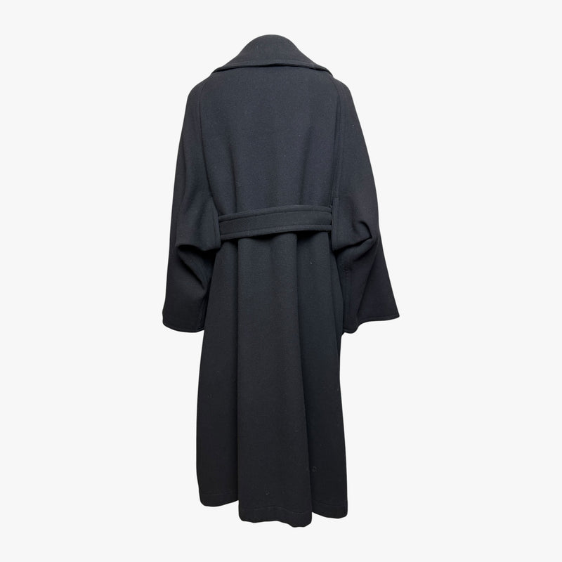 Detail of wide sleeve cuff on Yohji Yamamoto charcoal wool trench coat
