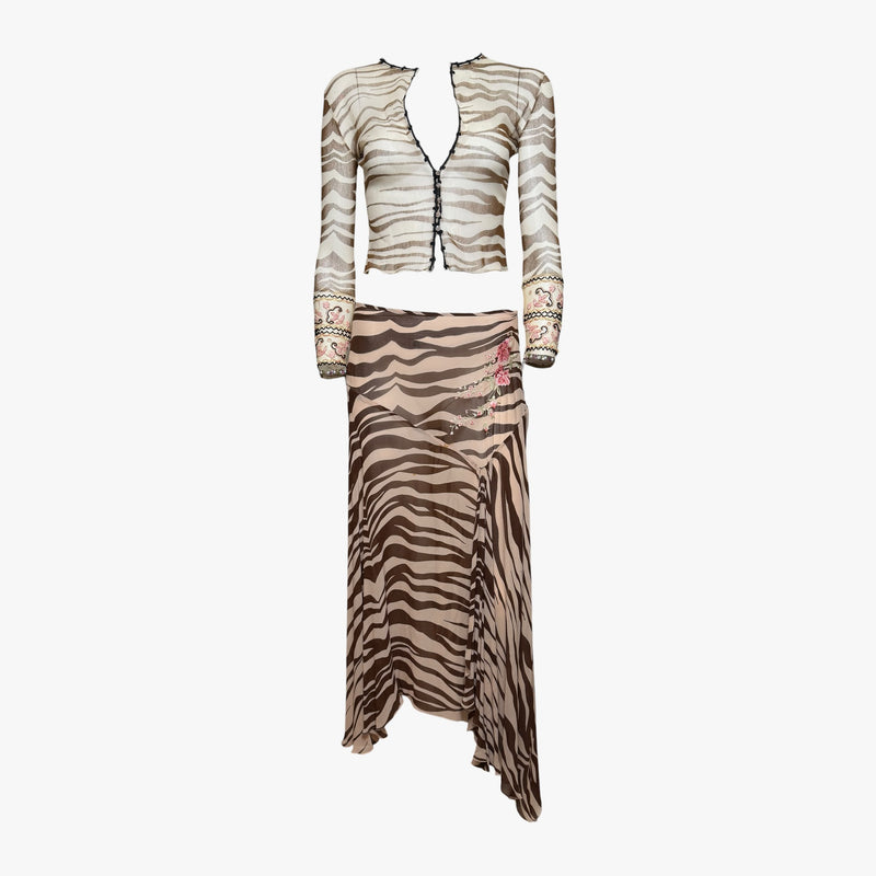 Brown and cream zebra print mesh cardigan by Blumarine with pink paisley embroidered cuff trim