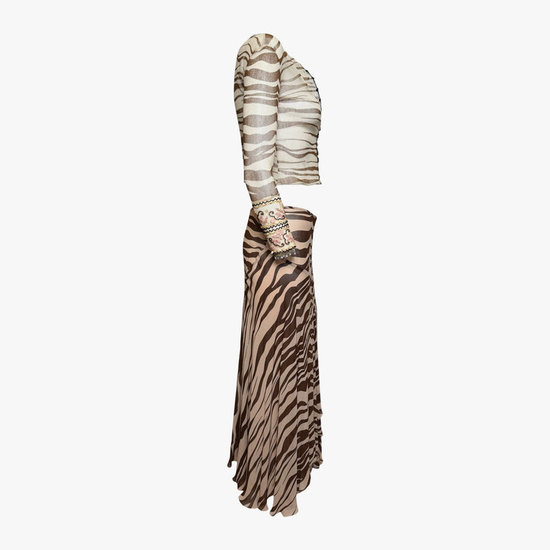 Back view of Blumarine zebra print cardigan with embroidered floral accents