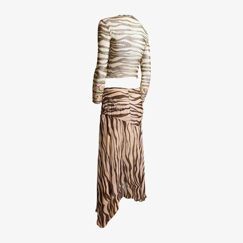Blumarine skirt waistband and gathered side detail on zebra print mesh