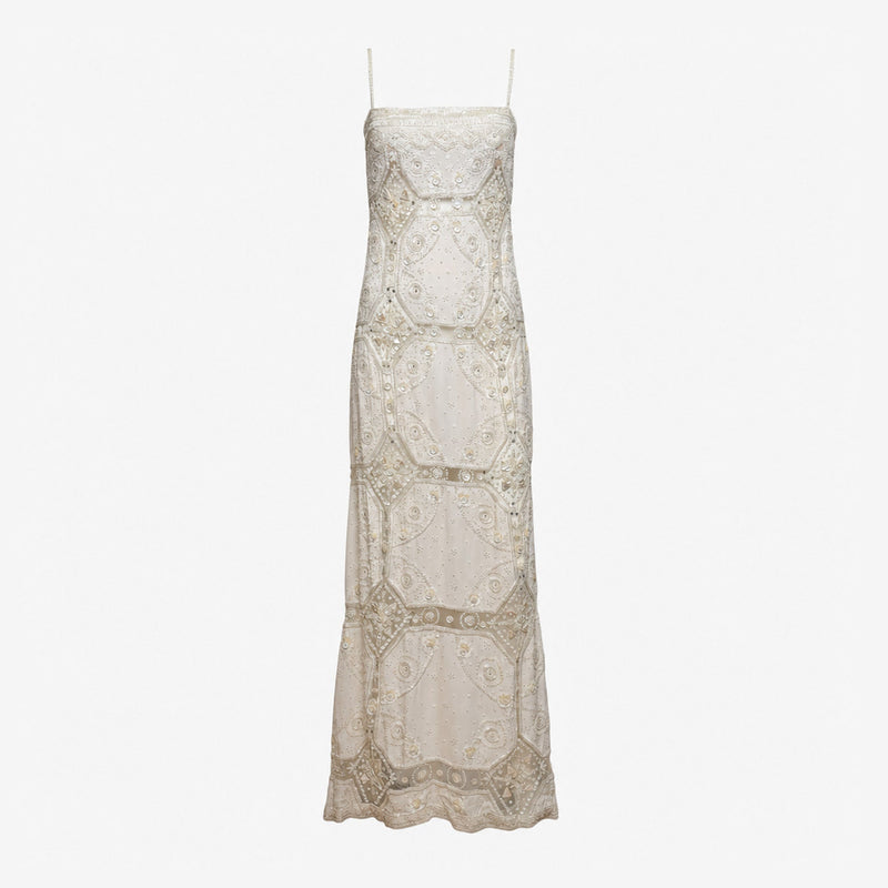 Ivory silk evening gown by Valentino, beaded bodice with spaghetti straps