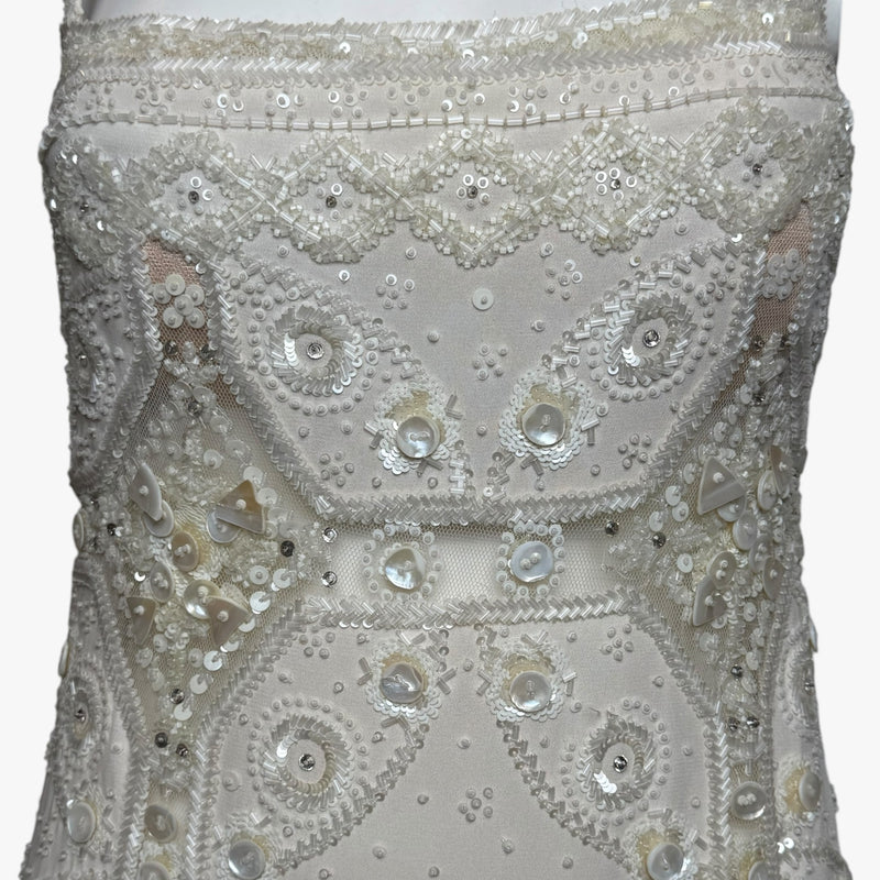 Ivory beaded gown by Valentino, back view of column silhouette
