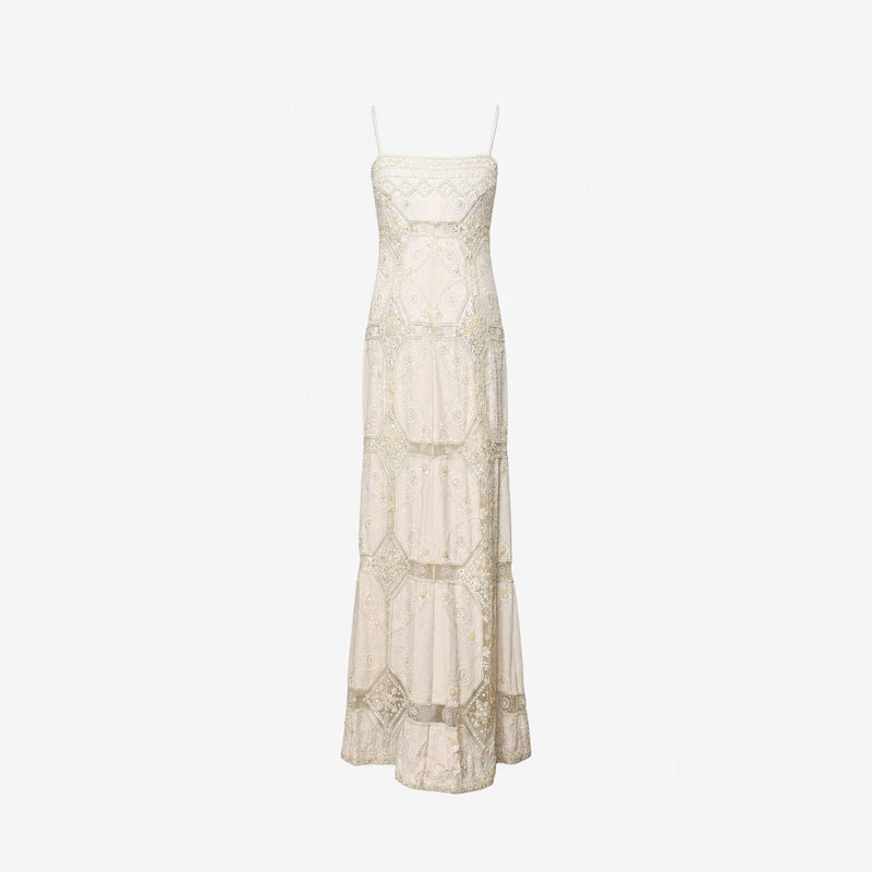Ivory column gown by Valentino, full-length beaded silk with octagonal pattern details