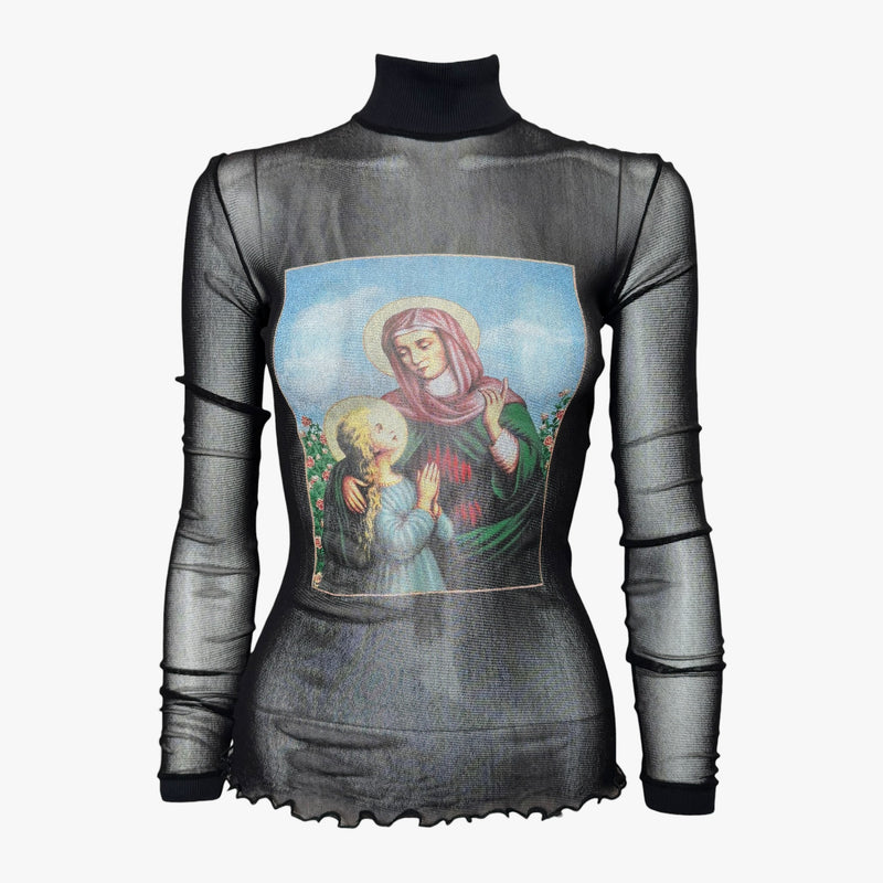 Black mesh turtleneck by Dolce & Gabbana with Virgin Mary photographic print on chest